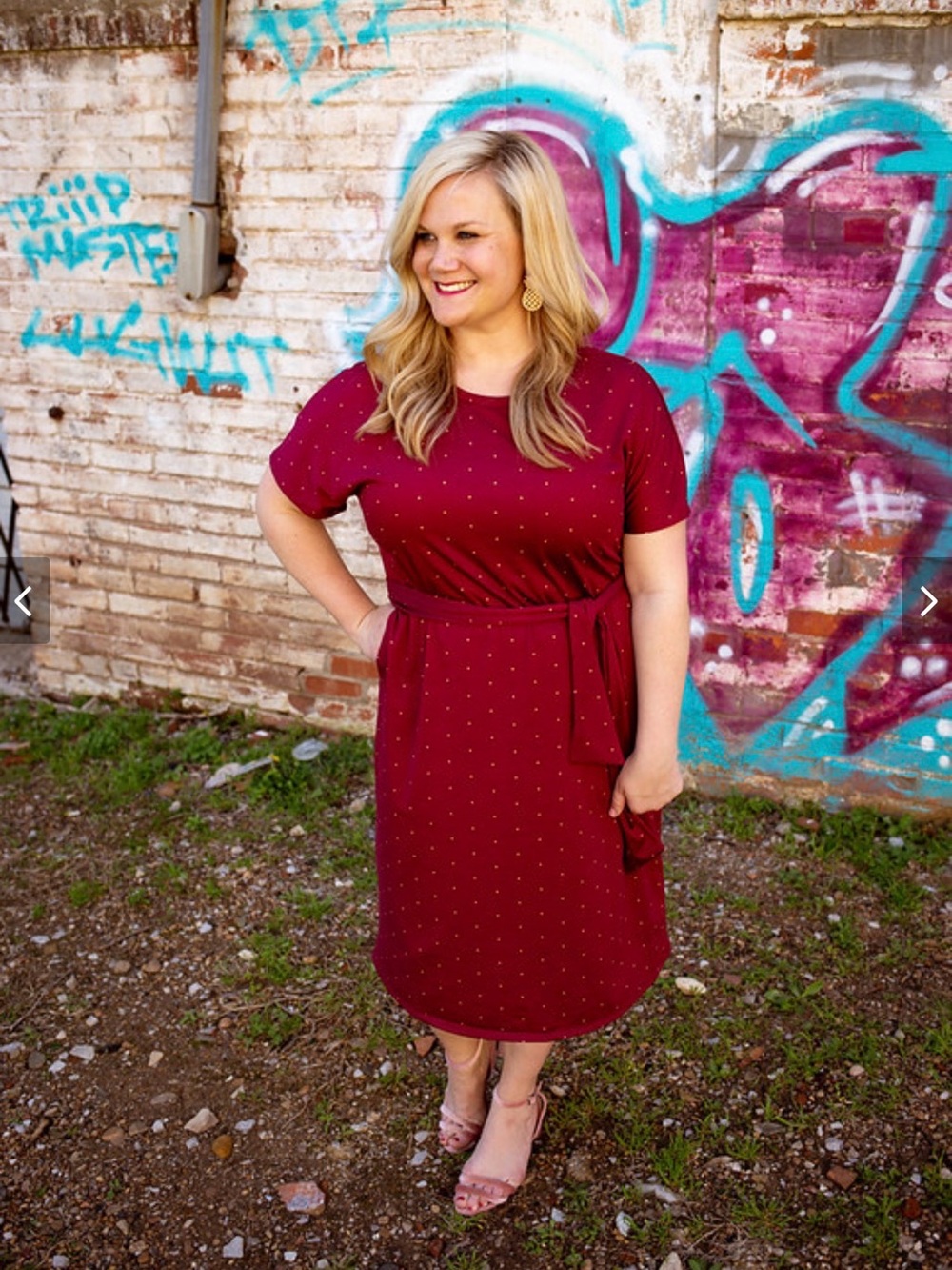LuLaRoe Burgundy Dress with Tiny Dot Pattern and Waist Tie Size Small
